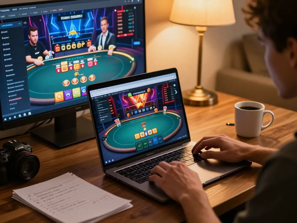 Person enjoying a thrilling poker game on their laptop with 98winlive app open, cozy home setting.