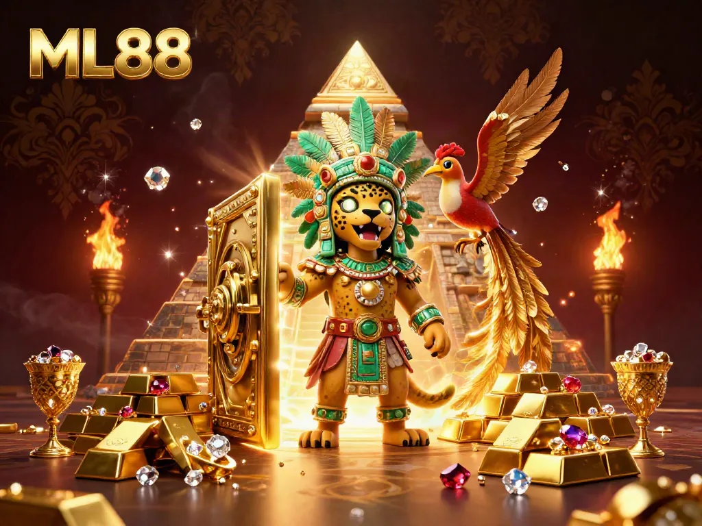 Experience the thrilling online gaming world of ML88 with treasure-filled scenes and vibrant characters.