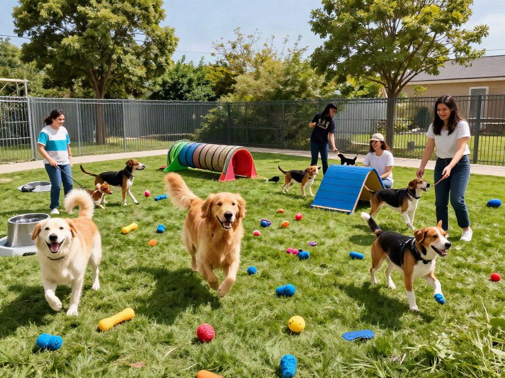Dogs playing together in a dog daycare environment featuring the depo 10k experience.