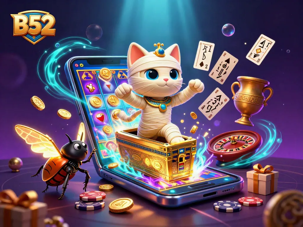 B52 casino scene with an Egyptian mummy cat, scarab beetle, and floating playing cards during a thrilling slot game.