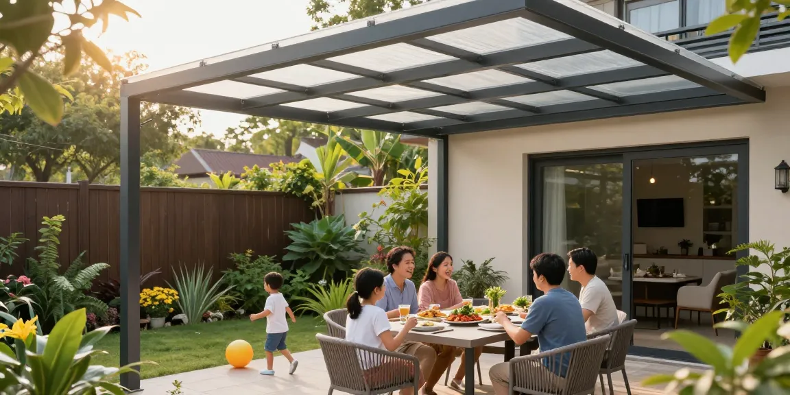 Terrassenüberdachung mit modernen Designs, Familienessen in einem einladenden Garten.