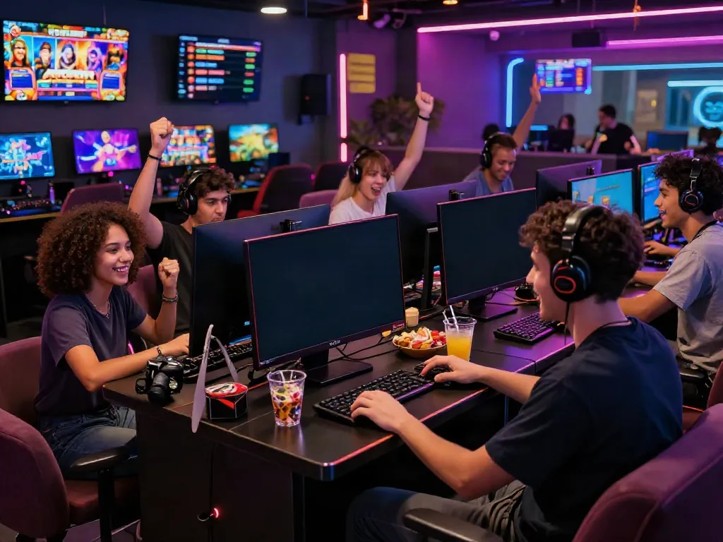 Exciting gameplay at Nohuwin's online gaming lounge, showcasing vibrant graphics and a diverse group of players.