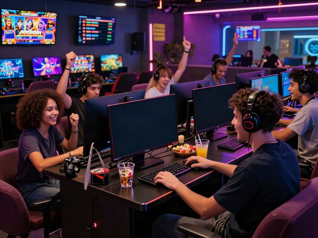 Exciting gameplay at Nohuwin's online gaming lounge, showcasing vibrant graphics and a diverse group of players.
