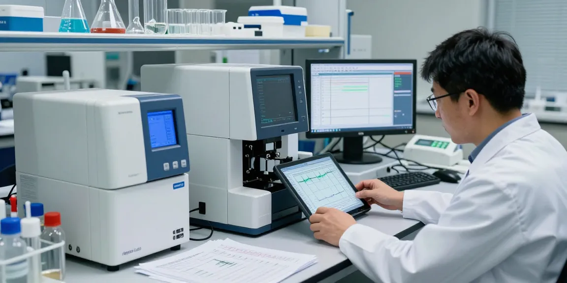 Aegean Labs Peptide testing in a modern laboratory with a scientist analyzing HPLC data.