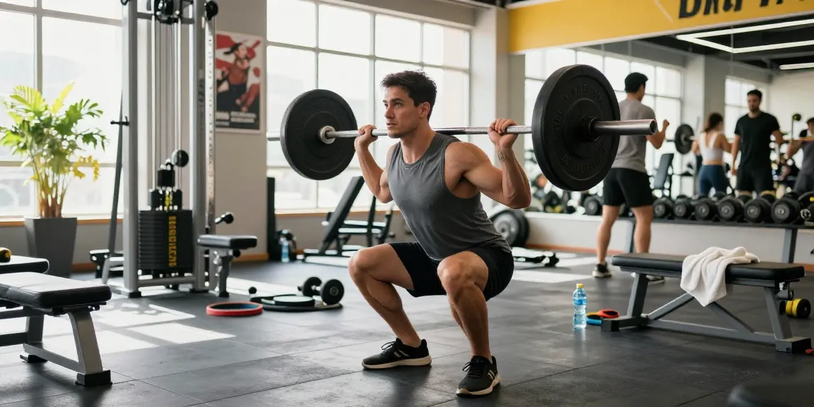An athletic male in the Anabolika Shop gym, performing a barbell squat, surrounded by fitness equipment, capturing the intensity of workouts.