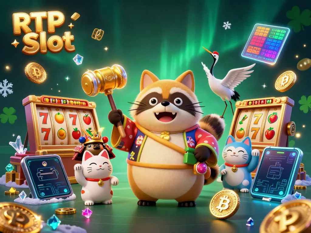 Engage with the RTP Slot gaming experience, featuring a cheerful tanuki and colorful fortune cats.