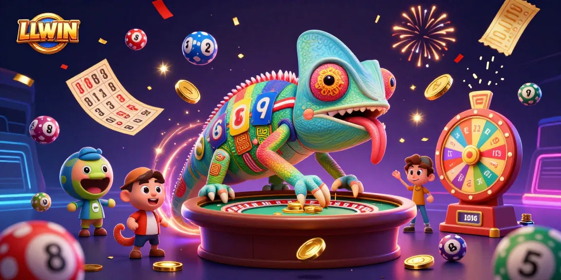 Experience LLWIN with a colorful casino scene featuring a chameleon owner, lottery balls, and dynamic game elements.