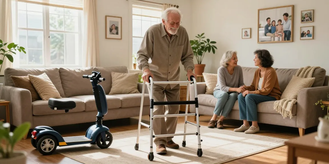 Elderly man using mobility aids in a cozy living room while engaging with family, highlighting the importance to buy nobility aids for independence.