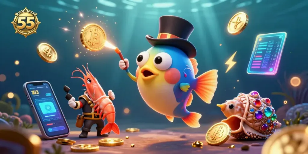 Engage with keonhacai 55 in a vibrant underwater scene with glowing coins and animated sea creatures.