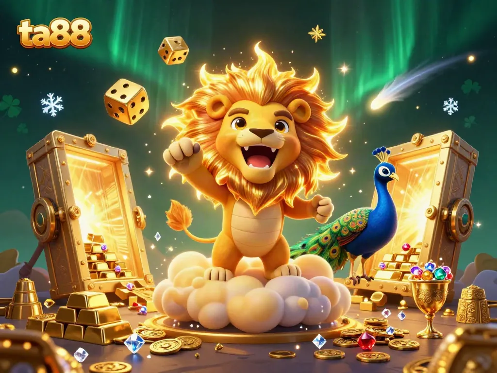 Join the excitement at ta88 with a vibrant scene of a roaring lion and golden dice amidst treasures.