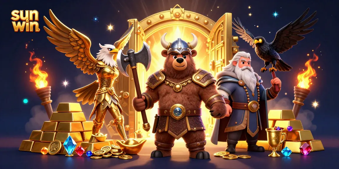 Win big at sun win casino with Viking and eagle amid glowing treasures.