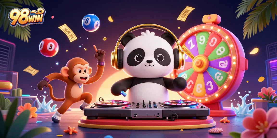 Engage with the vibrant atmosphere at 98WIN with a DJ panda, monkey, and kitten themed around casino fun.