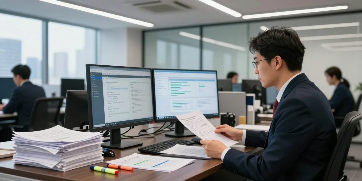 Analyzing document fraud detection results on dual monitors in a modern office.
