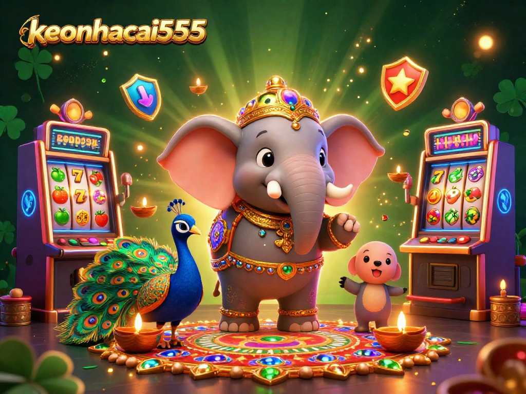 Experience exciting wins with keonhacai555 as cartoon characters engage with vibrant slot machines.
