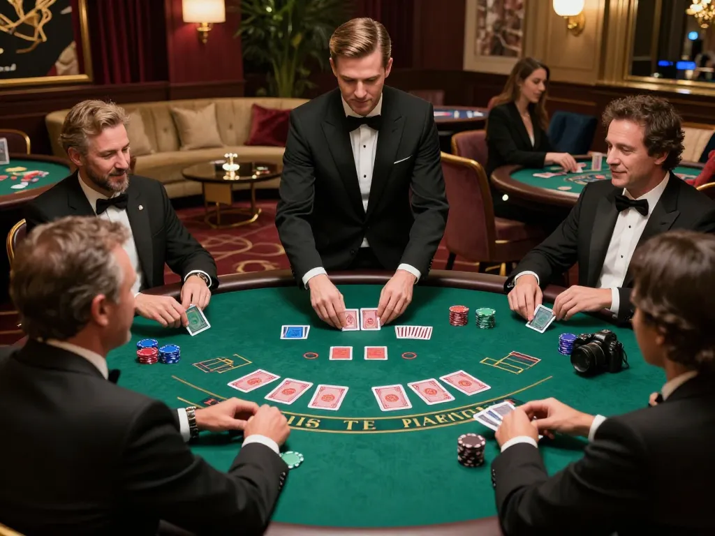 f168 players enjoying high-stakes blackjack in a luxurious casino, displaying excitement and sophistication.