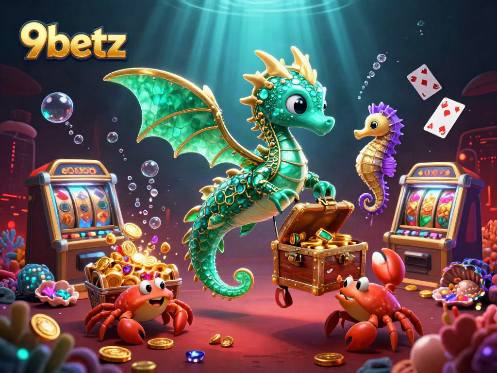 Engage with 9betz underwater casino scene featuring a sea dragon and treasure, dynamic slot machines and glowing elements.