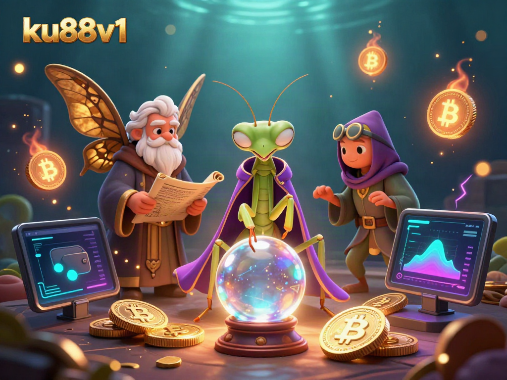 Experience ku88v1's vibrant online casino atmosphere with mystical characters and cryptocurrency motifs.