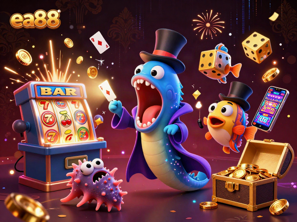 ea88 showcases vibrant casino magic with deep-sea characters featuring card tricks and slot machines.