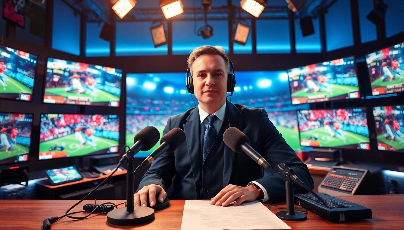 Engaging sports broadcasting studio showcasing a lively announcer covering various sports events.
