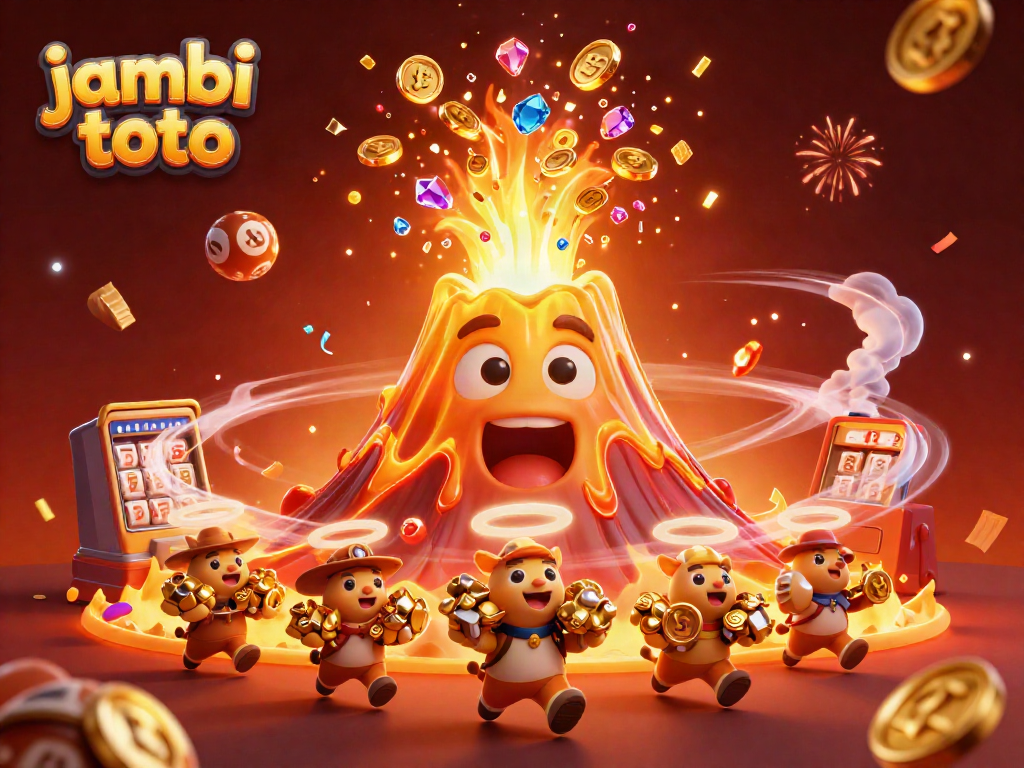 Experience the thrill of jambi toto as golden treasures erupt from a vibrant volcano amidst a lively casino backdrop.