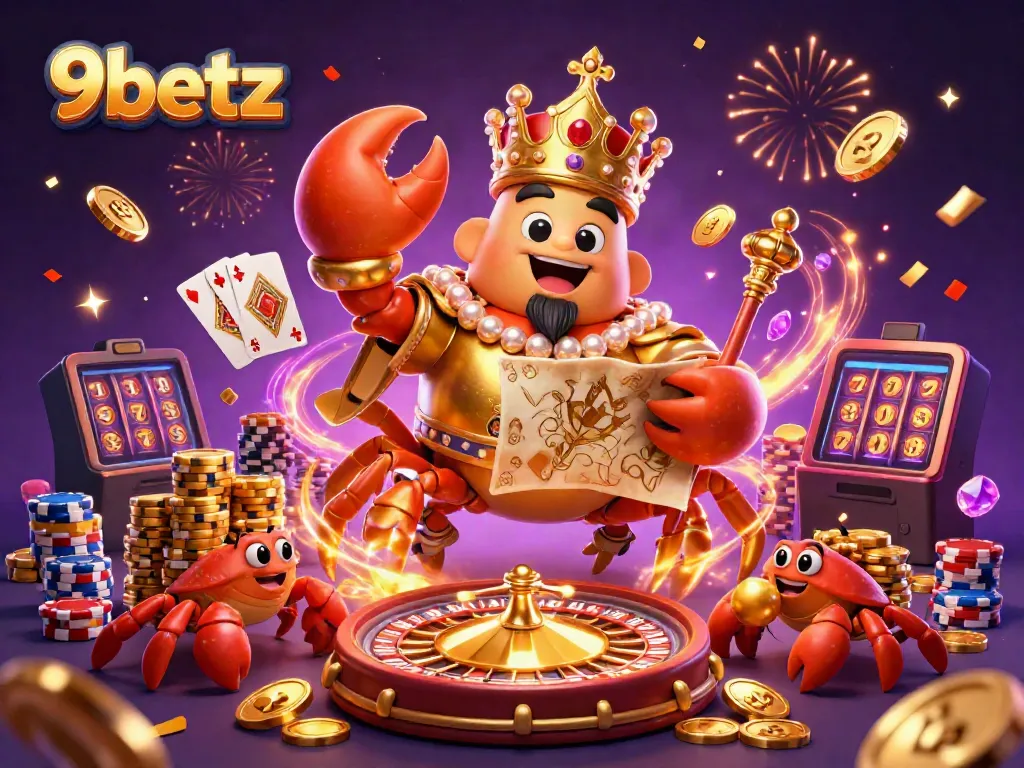 Experience the vibrant energy of 9betz with a dynamic casino scene featuring a golden crab emperor amidst cascading coins and sparkling gems.