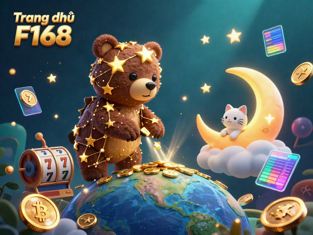 Experience the enchanting world of Trang chủ F168 as a constellation bear gathers coins amidst a vibrant casino atmosphere.