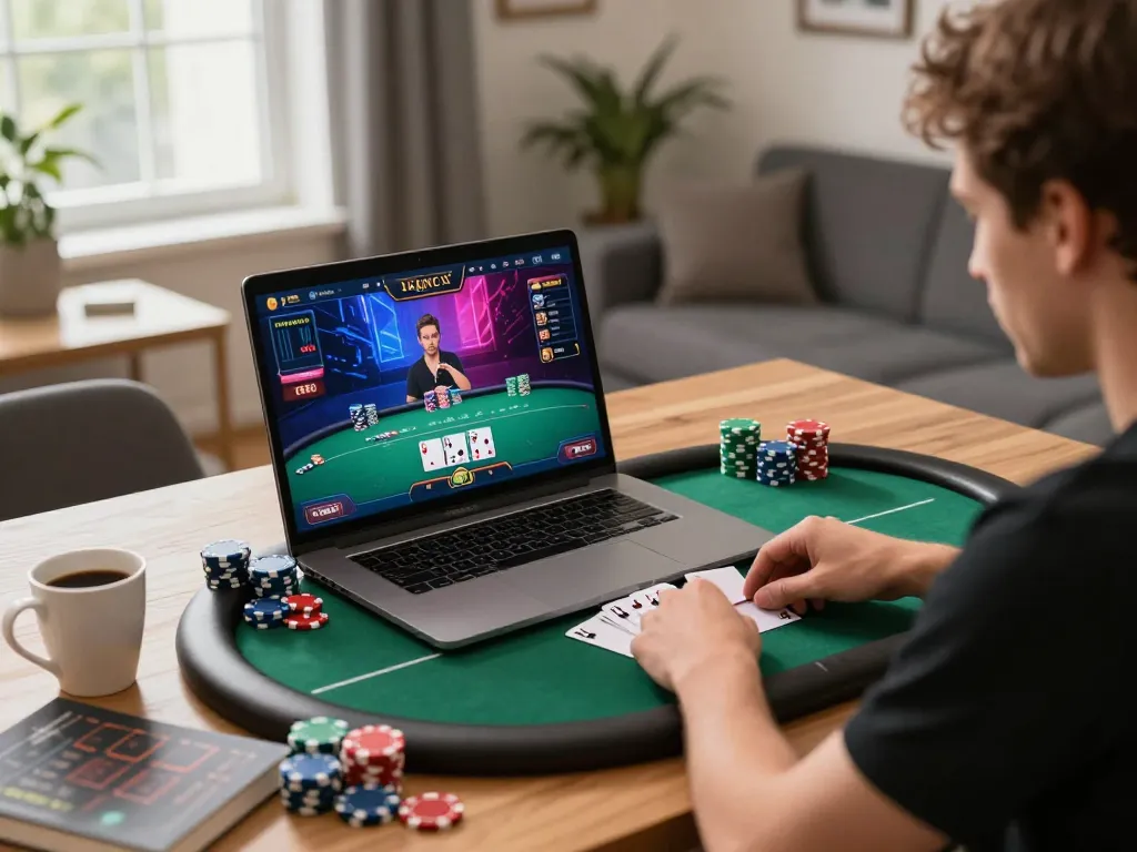 Players engaged in an exciting online poker game at home, highlighting 98win's strategic gameplay.