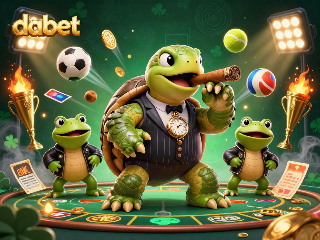 Dabet showcases an energetic gambling scene with a turtle mobster and bullfrog enforcers amidst dynamic sports betting elements.