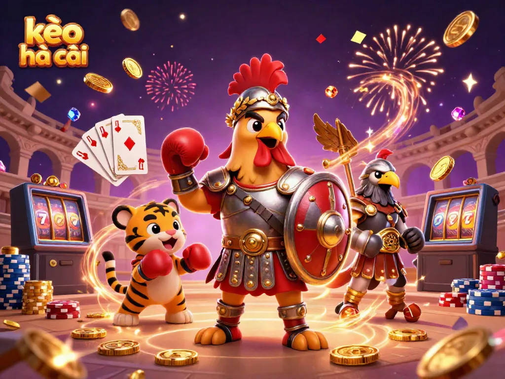 Engage in kèo nhà cái with a lively scene of a gladiator rooster and friends celebrating amidst dynamic gaming elements.