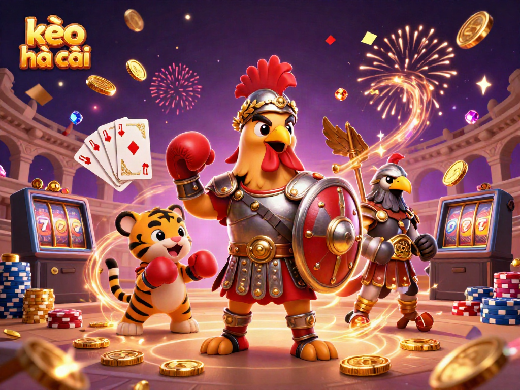 Engage in kèo nhà cái with a lively scene of a gladiator rooster and friends celebrating amidst dynamic gaming elements.