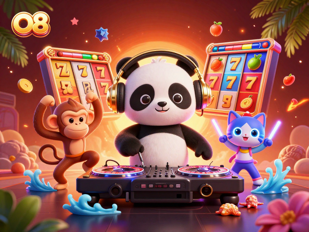 Experience the vibrant energy of O8 with cartoon DJ panda and lively casino elements.