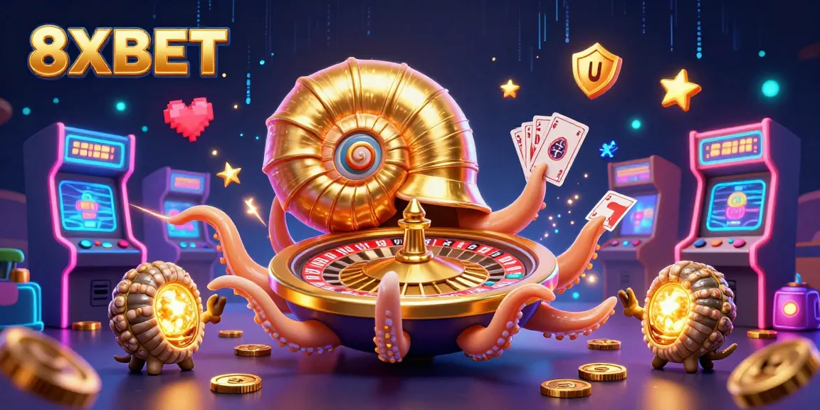 Experience thrilling gaming with 8XBET's dazzling 3D casino scene featuring colorful arcade games and glowing elements.