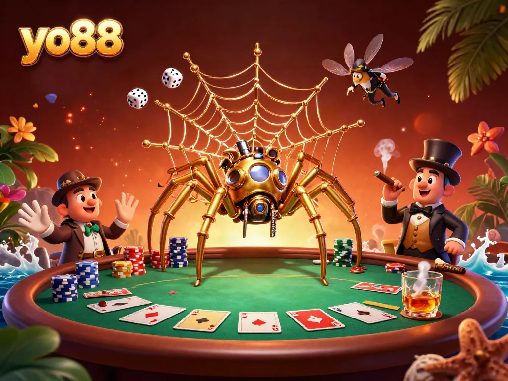 Engage with thrilling games at yo88, where a vibrant 3D spider web captures lucky dice in a casino atmosphere.