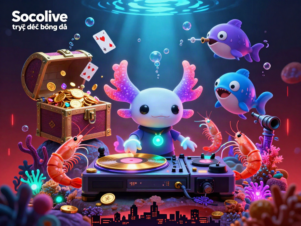Experience Socolive trực tiếp bóng đá with vibrant underwater DJ scene, featuring colorful axolotl, shrimp dancers, and exciting casino elements.