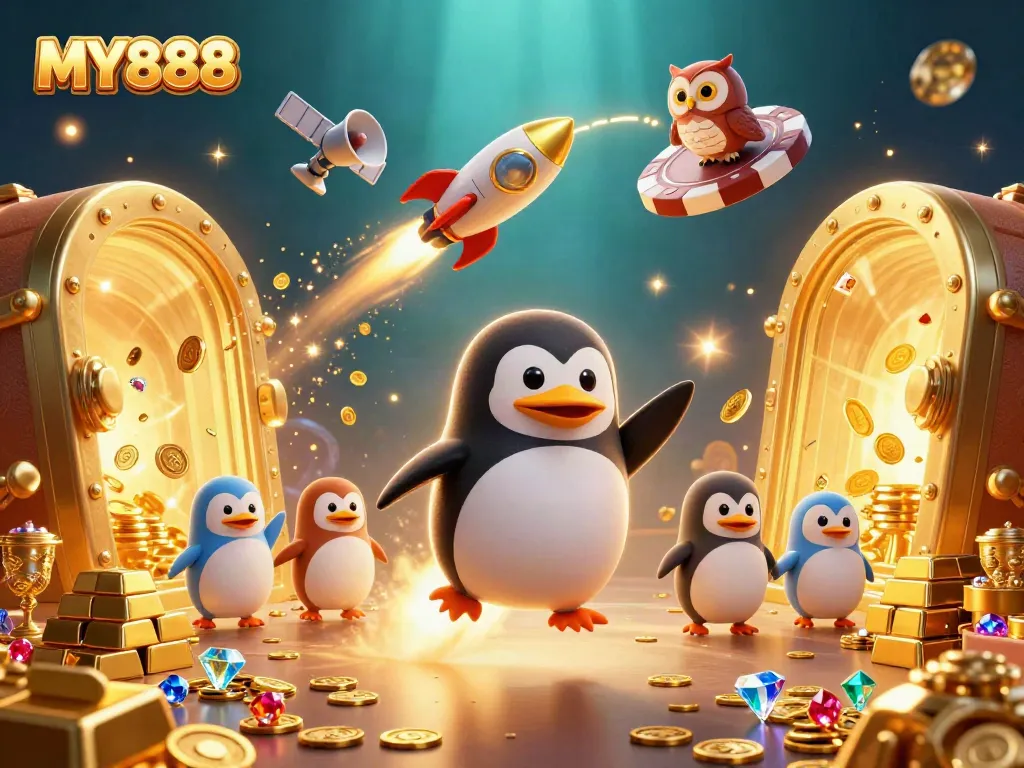 Experience the excitement of MY888 with a golden penguin racing to a casino space station, surrounded by treasures.