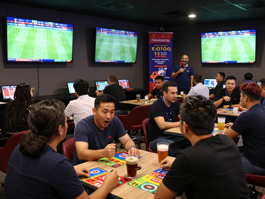 Sports fans actively engaging in kèo nhà cái trực tiếp while viewing live soccer matches, creating a lively betting atmosphere.