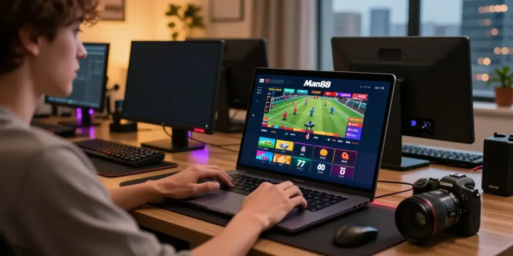 User interacting with the Man88 gaming platform on a laptop, showcasing vibrant online betting and casino game graphics.