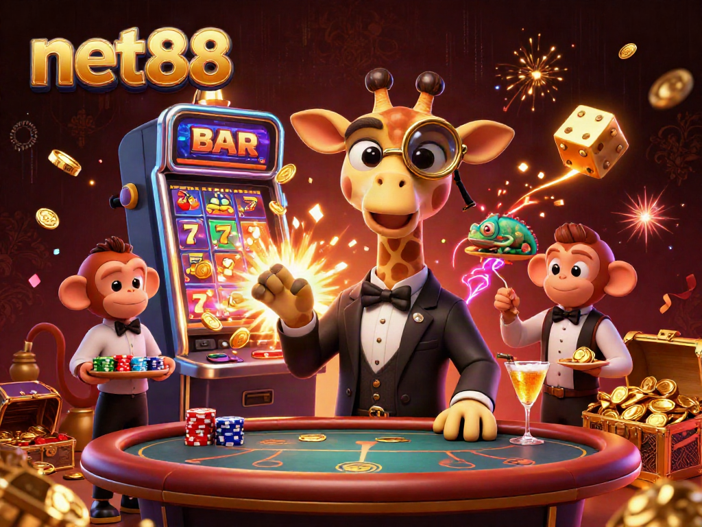 Experience thrilling wins at net88 with a lively casino scene featuring colorful gaming characters.