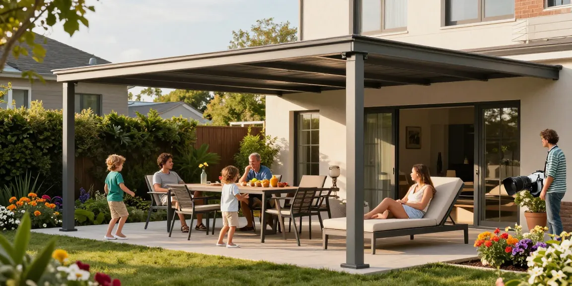Terrassenüberdachungen im modernen Garten mit Familie und bunten Pflanzen