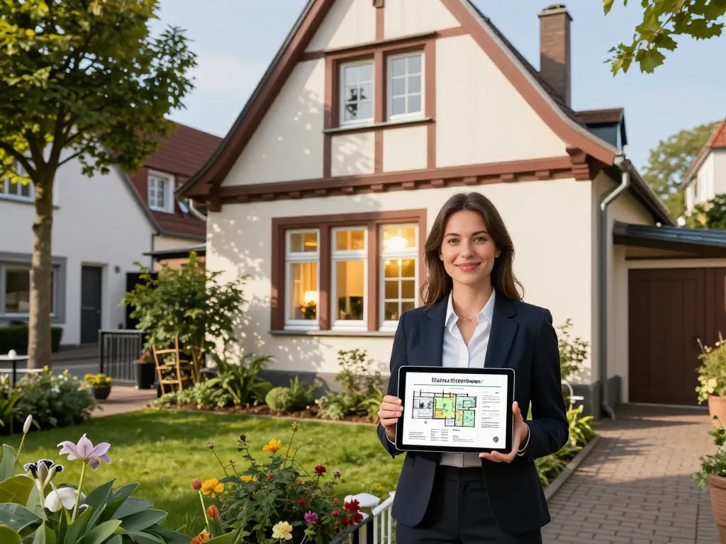 Immobilienmakler Frankfurt Eckenheim präsentiert eine charmante Immobilie in einer freundlichen Nachbarschaft mit üppigem Grün.
