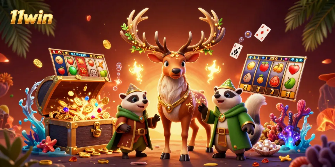 Experience the gaming excitement with 11win's vibrant scene featuring slot reels and glowing characters.