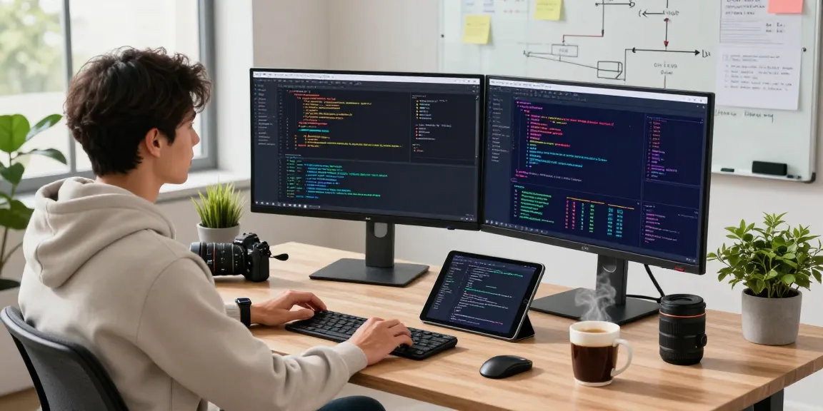 Build internal tools with AI in a modern workspace featuring a developer coding with advanced tech equipment.