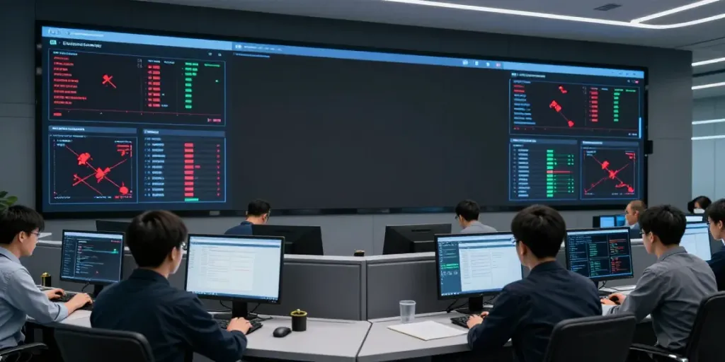 Red team evaluation metrics on a modern cybersecurity workstation, showcasing attack simulations and threat analysis.