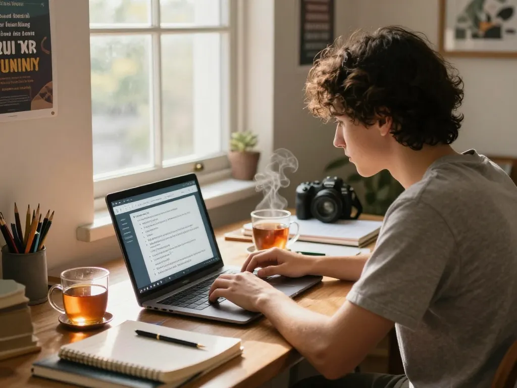 Student verwendet Hausaufgaben Löser auf einem Laptop in einem gemütlichen Arbeitszimmer.