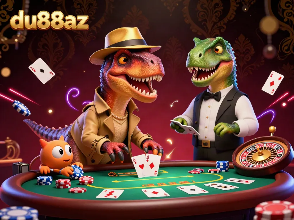 Experience the thrill of du88az with a unique cartoon velociraptor card counter sneaking bets at a dynamic casino table.