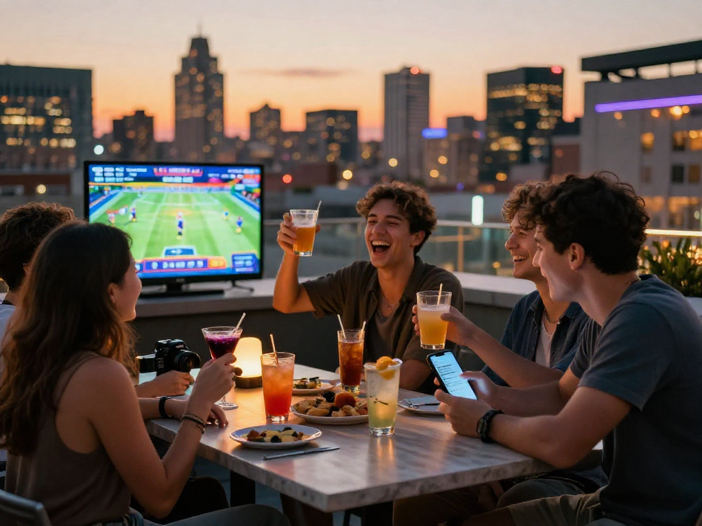 Friends enjoying rokok88 games at a rooftop bar with city views, vibrant drinks and atmosphere.