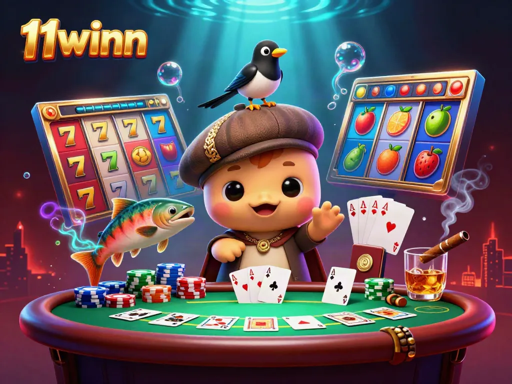 Experience the excitement of 11winn with vibrant casino elements and playful characters in a dynamic scene.