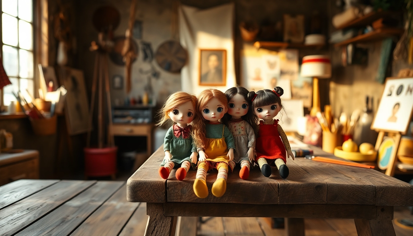 Präsentation der einzigartigen Gutdolls auf einem Holztisch in einem einladenden Kunststudio.