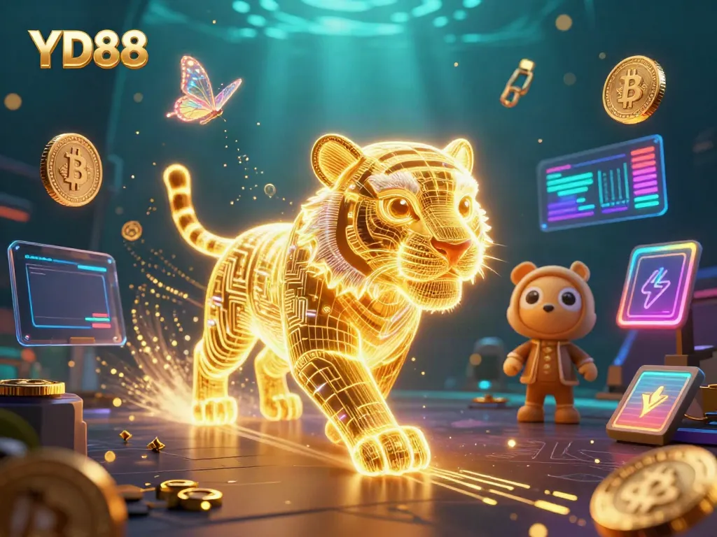 Join the adventure at YD88, where the neon tiger navigates a vibrant casino landscape filled with crypto-themed game elements.