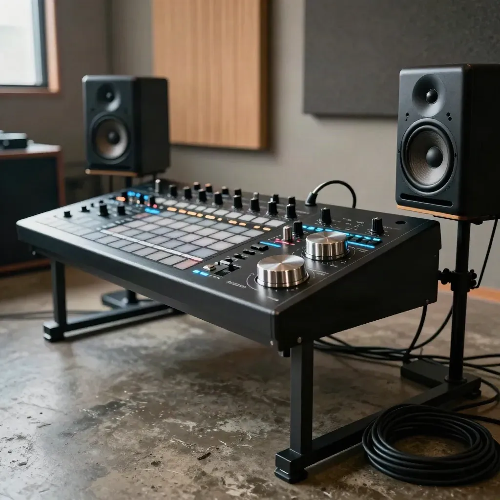 Trap-Beats-Rig im Club-Studio mit Pads, Controllern, Monitoren und Kabeln im Licht